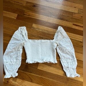 Aritzia Wilfred White Smocked Blouse with Puff Sleeves